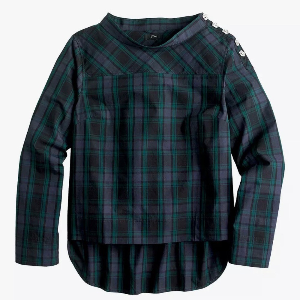 J. Crew Funnel Neck Black Watch Plaid Jewel Top